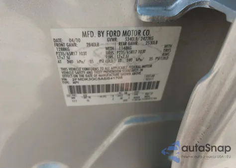 2010 Ford Edge Se из США, поврежденный, VIN 2FMDK3GC5ABB41705